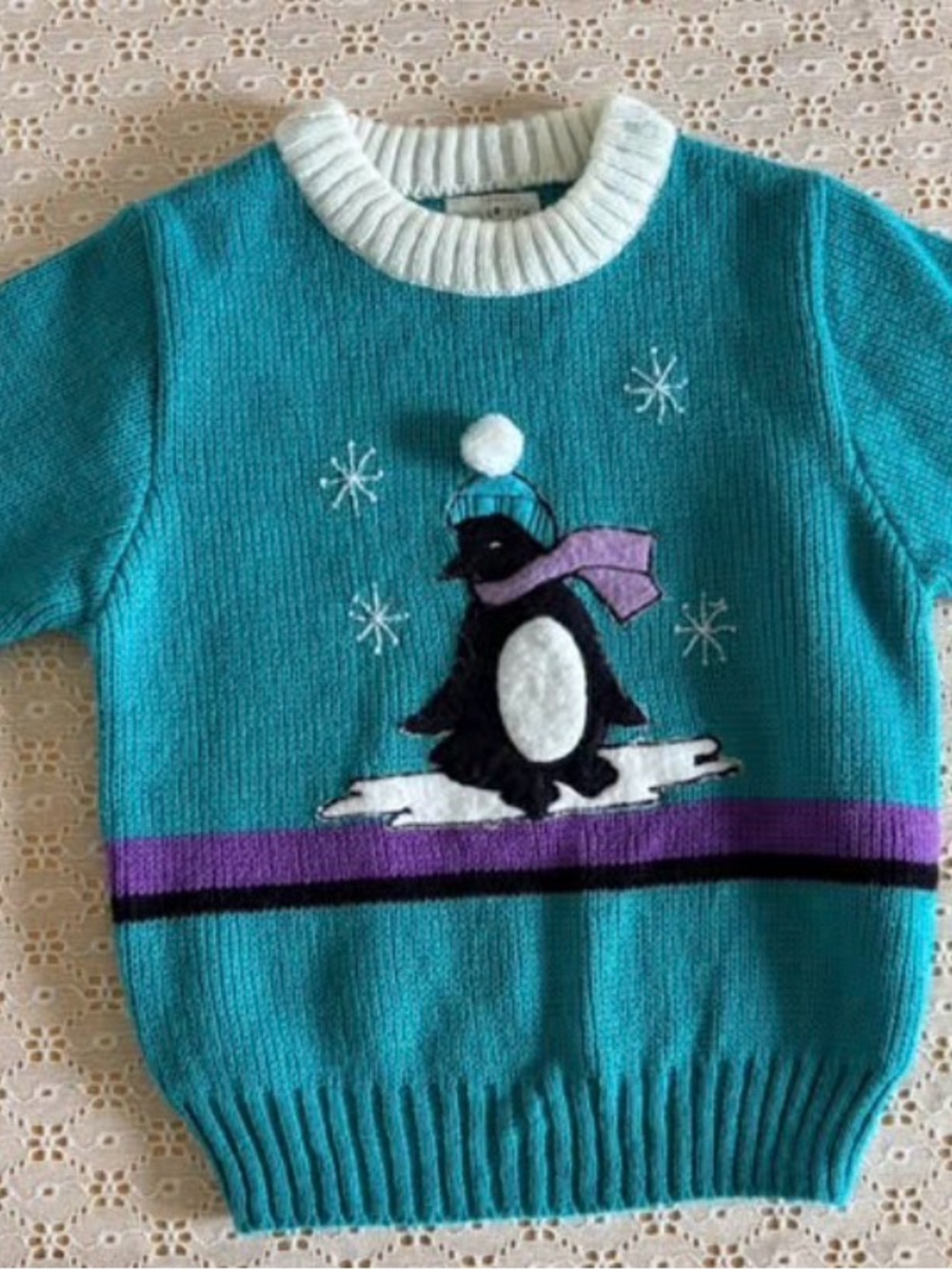 Girls' Teal Penguin Sweater with Purple Accent